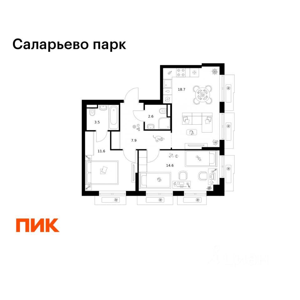 2-комн. квартира, 58,9 м², в ЖК «Саларьево парк»