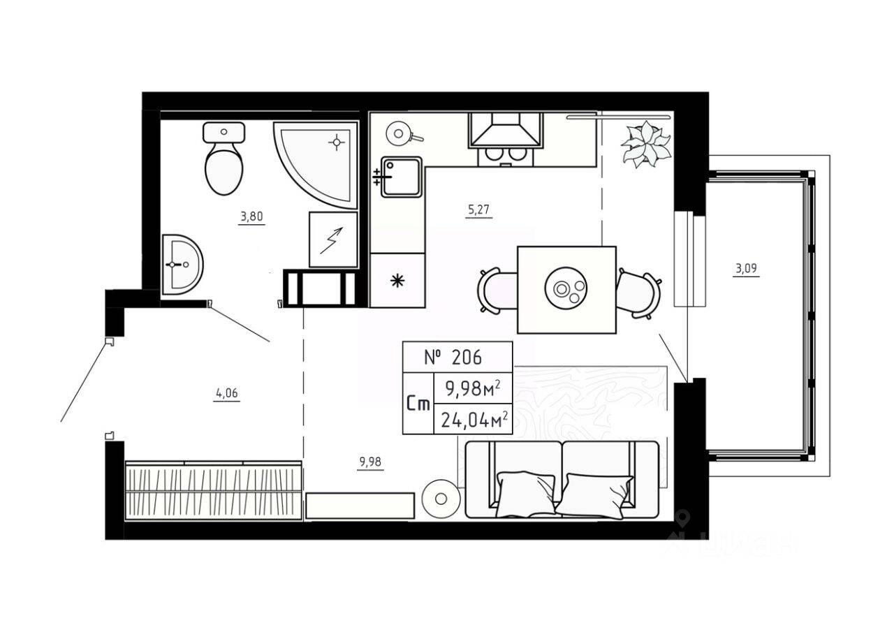 Планировка 1 комнатной квартиры, 24.04 м², в «Аннино Сити»
