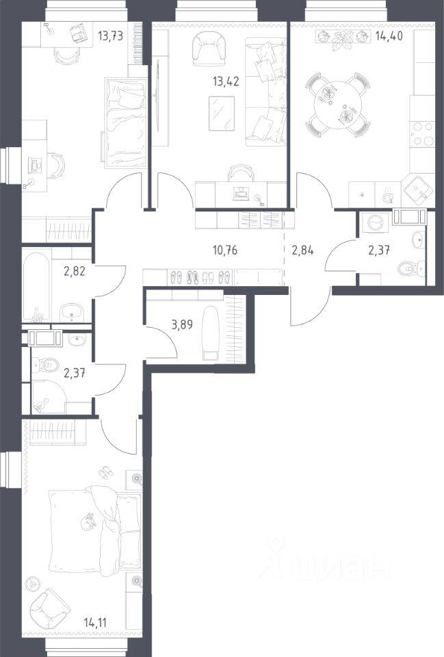 3-комн. квартира, 80,71 м², в ЖК «Живи! В Рыбацком»