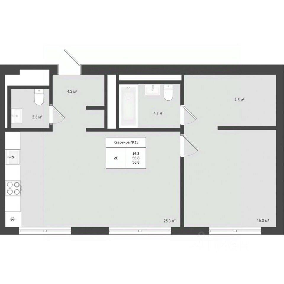 Планировка 2 комнатной квартиры, 56.8 м², в «Яковлево»