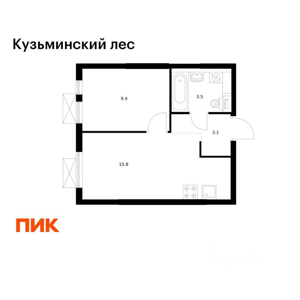 Планировка 1 комнатной квартиры, 31.8 м², в «Кузьминский лес»