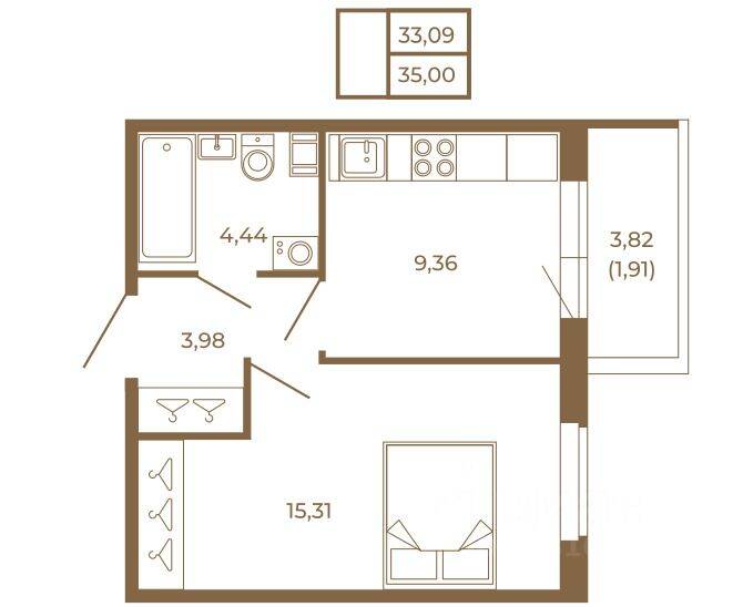 Планировка 1 комнатной квартиры, 35 м², в «Новая история»