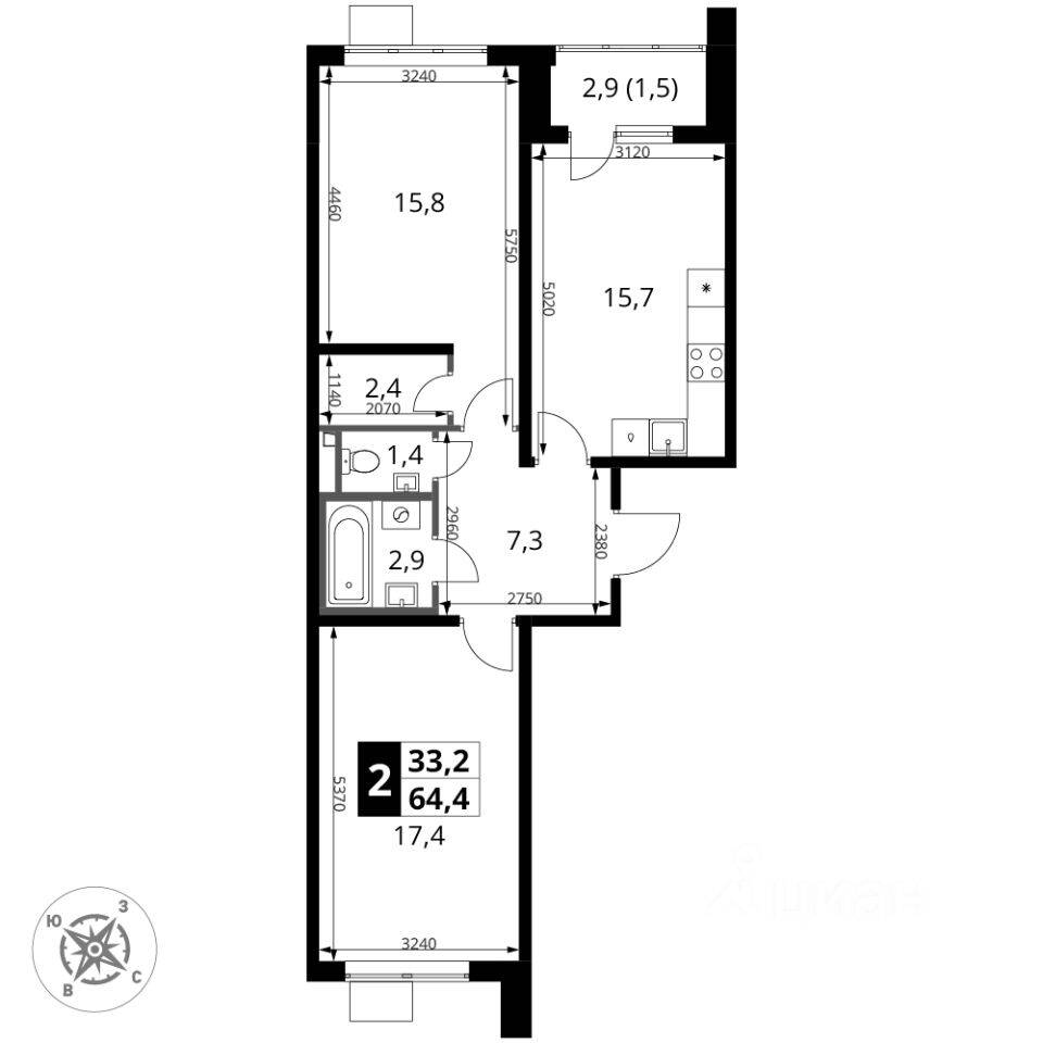 2-комн. квартира, 64,4 м², в ЖК 1-й Донской