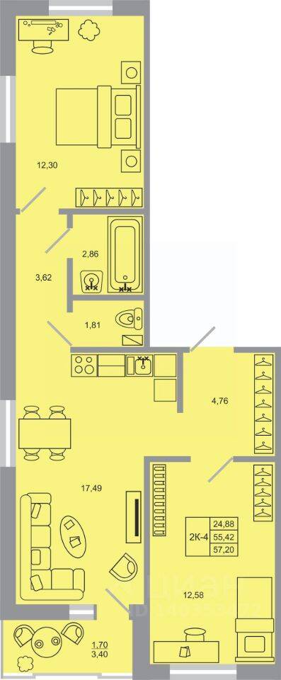 2-комн. квартира, 57,2 м², в ЖК Стороны света-2