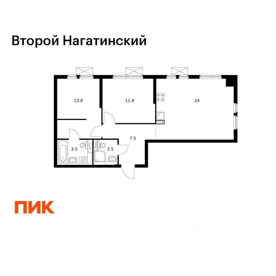 Планировка 2 комнатной квартиры, 63 м², в «Второй Нагатинский»