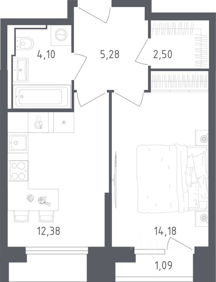 Планировка 1 комнатной квартиры, 39.53 м², в «Sky Sputnik»