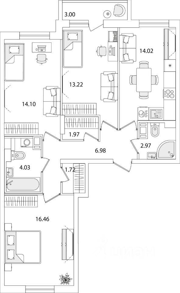 3-комн. квартира, 76,97 м², в ЖК Кинопарк