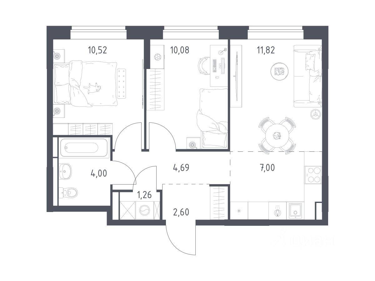 2-комн. квартира, 51,97 м², в ЖК Богдановский Лес