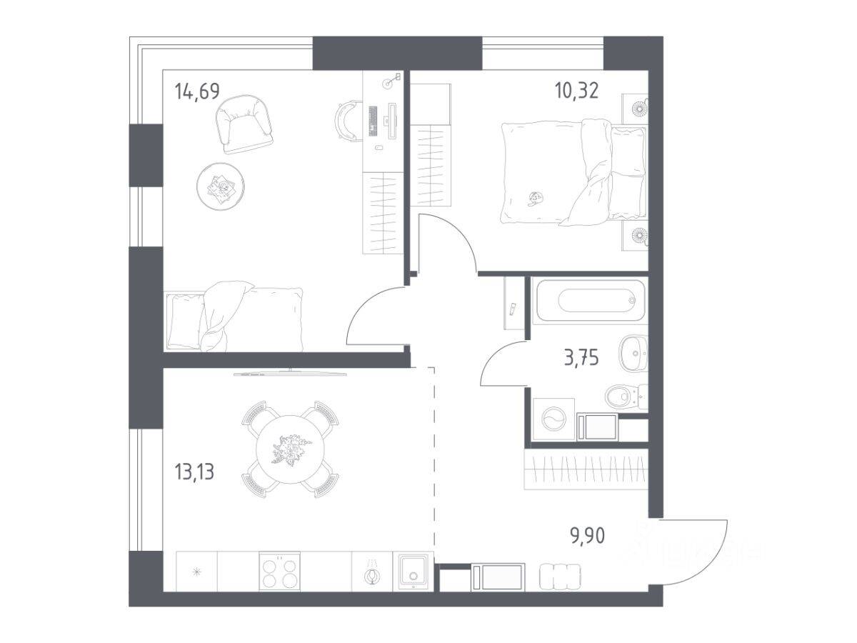 2-комн. квартира, 51,79 м², в ЖК Цветочные поляны Экопарк