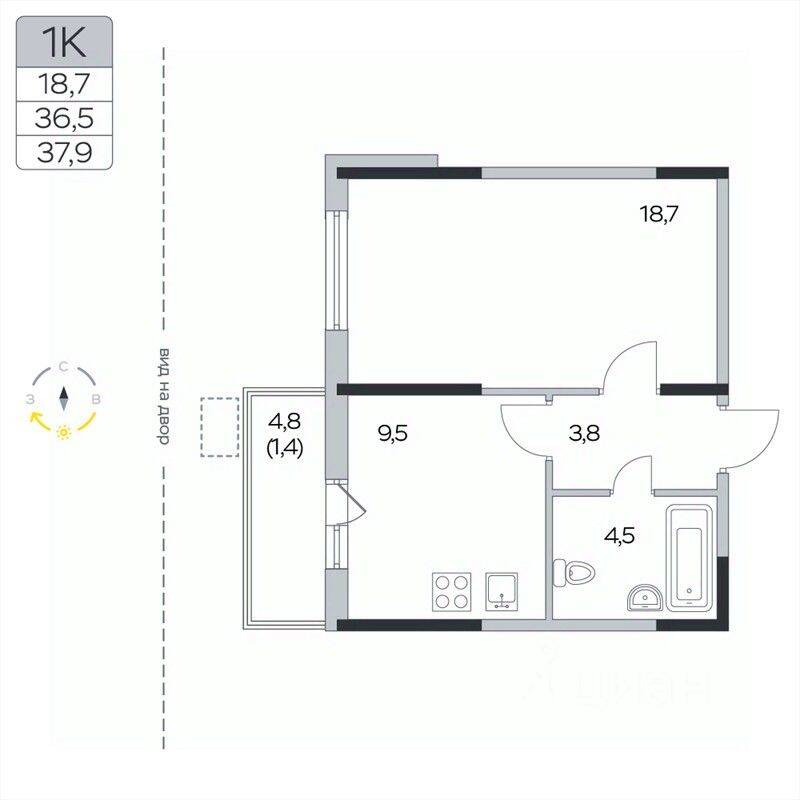 1-комн. квартира, 37,9 м², в ЖК «Пироговская Ривьера»