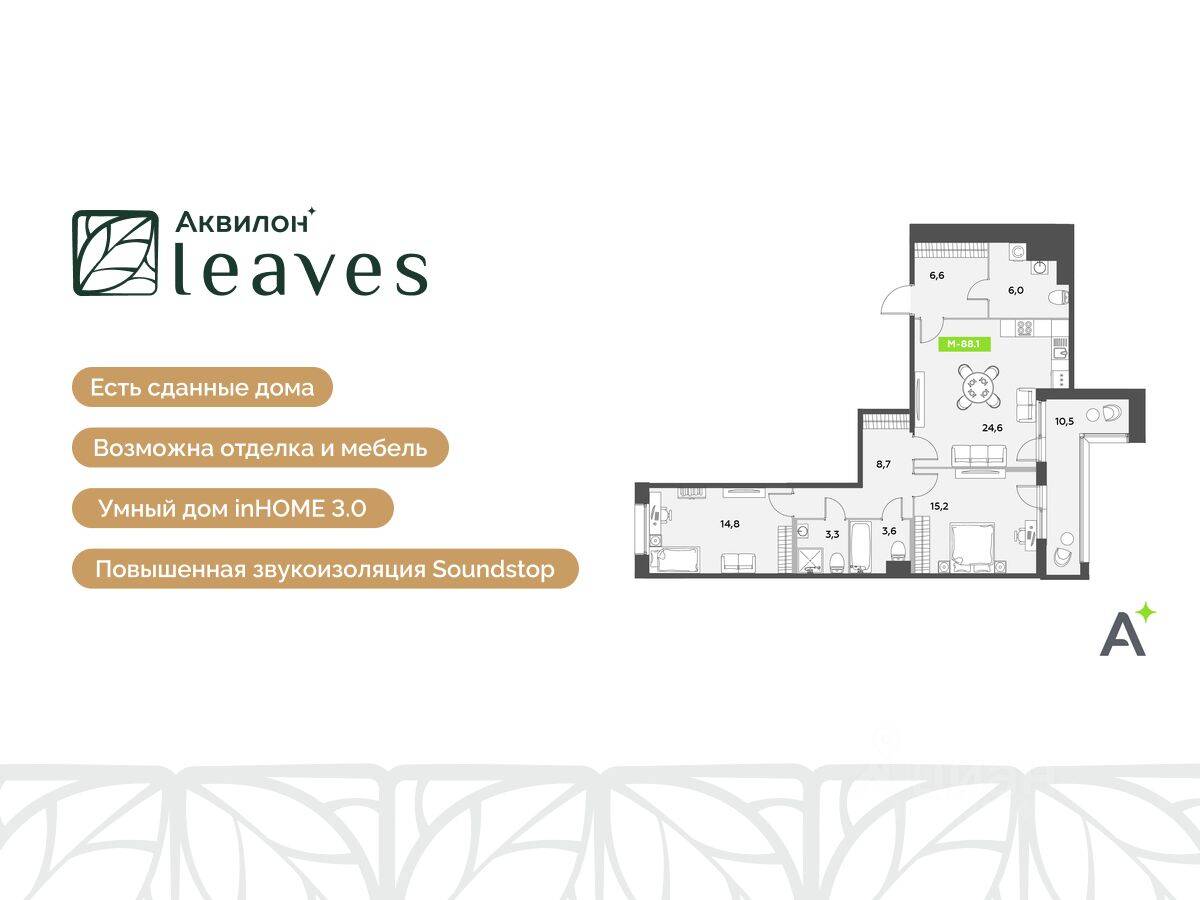 3-комн. квартира, 88,1 м², в ЖК Аквилон Leaves