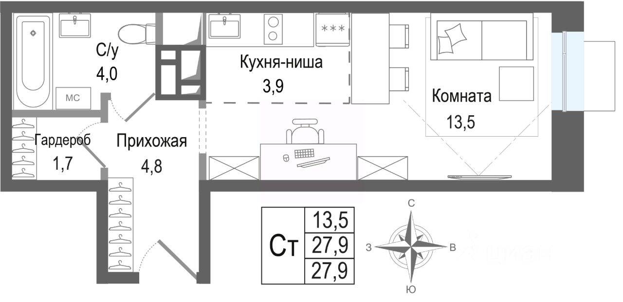 Планировка 1 комнатной квартиры, 27.9 м², в «Киноквартал»
