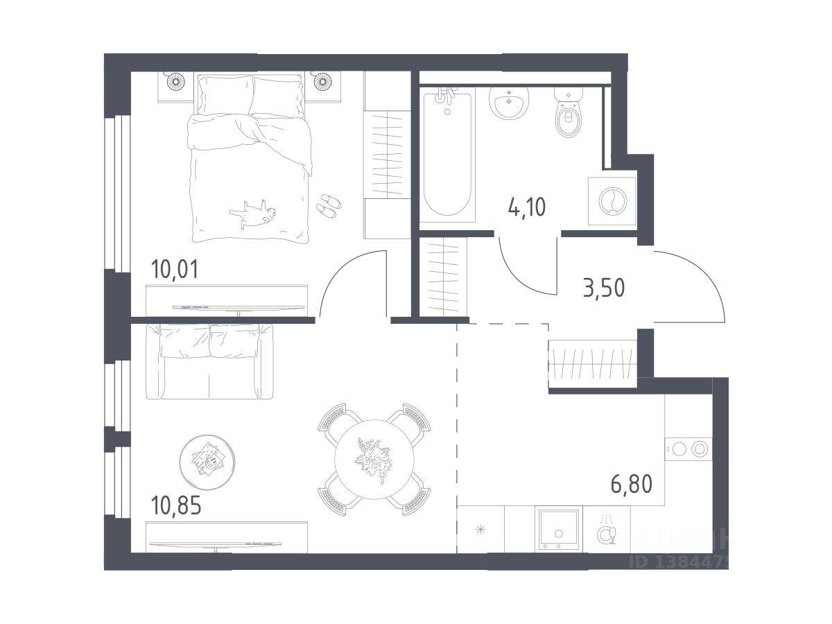 1-комн. квартира, 35,26 м², в ЖК «Пригород Лесное»
