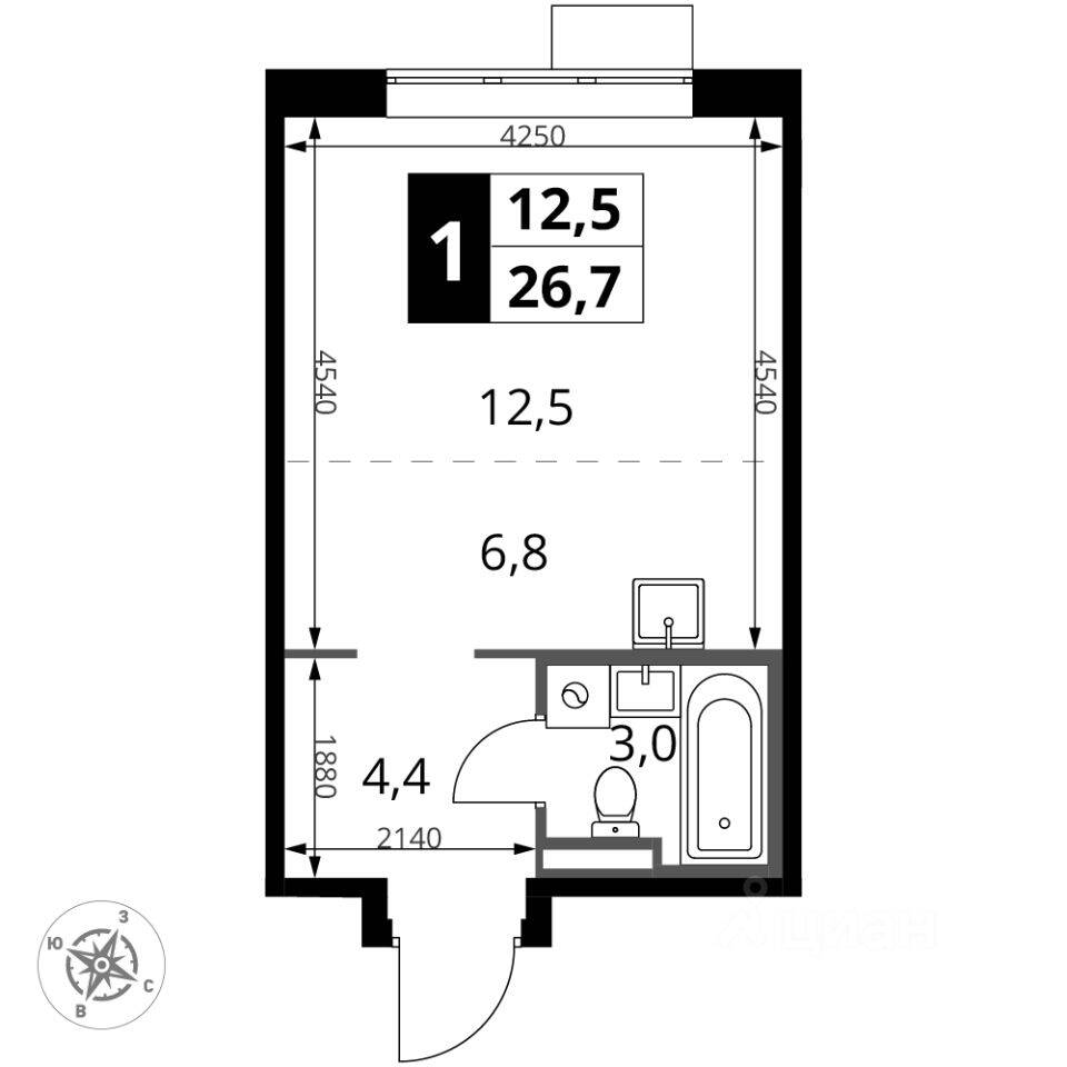 Планировка 1 комнатной квартиры, 26.7 м², в «1-й Донской»