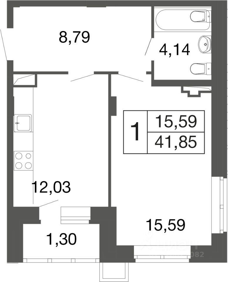 1-комн. квартира, 41,9 м², в ЖК «Времена года»