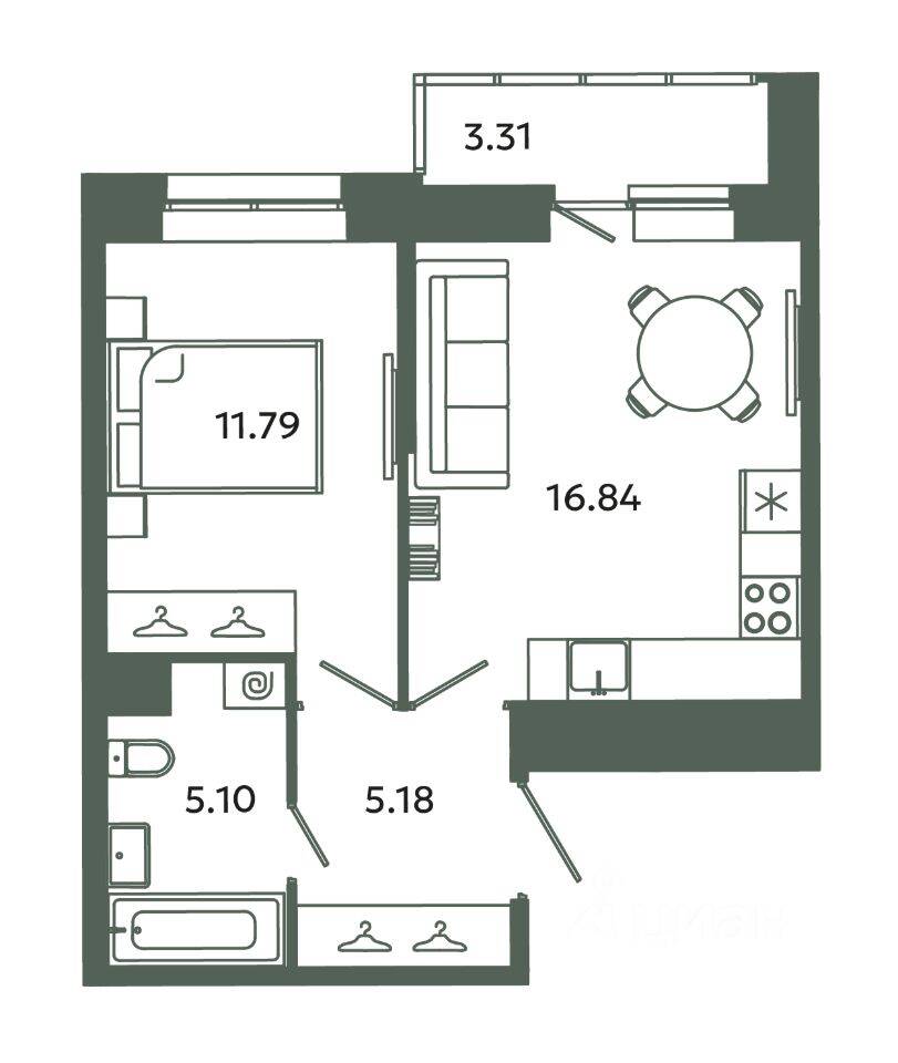 1-комн. квартира, 38,91 м², в ЖК Загляденье