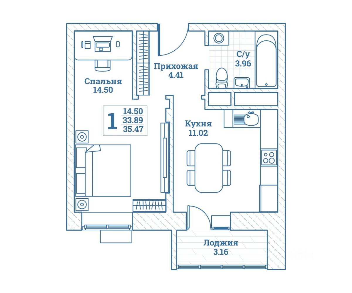 1-комн. квартира, 35,47 м², в ЖК Новоград Монино