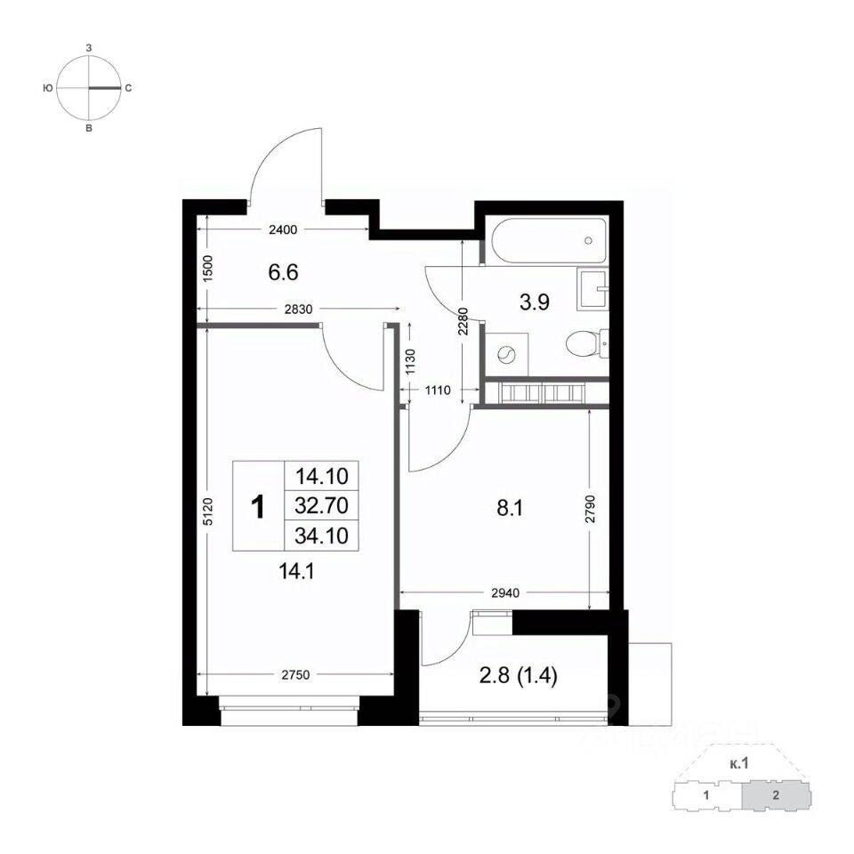 Квартира-студия, 32,8 м², в ЖК «Легенда Коренево»