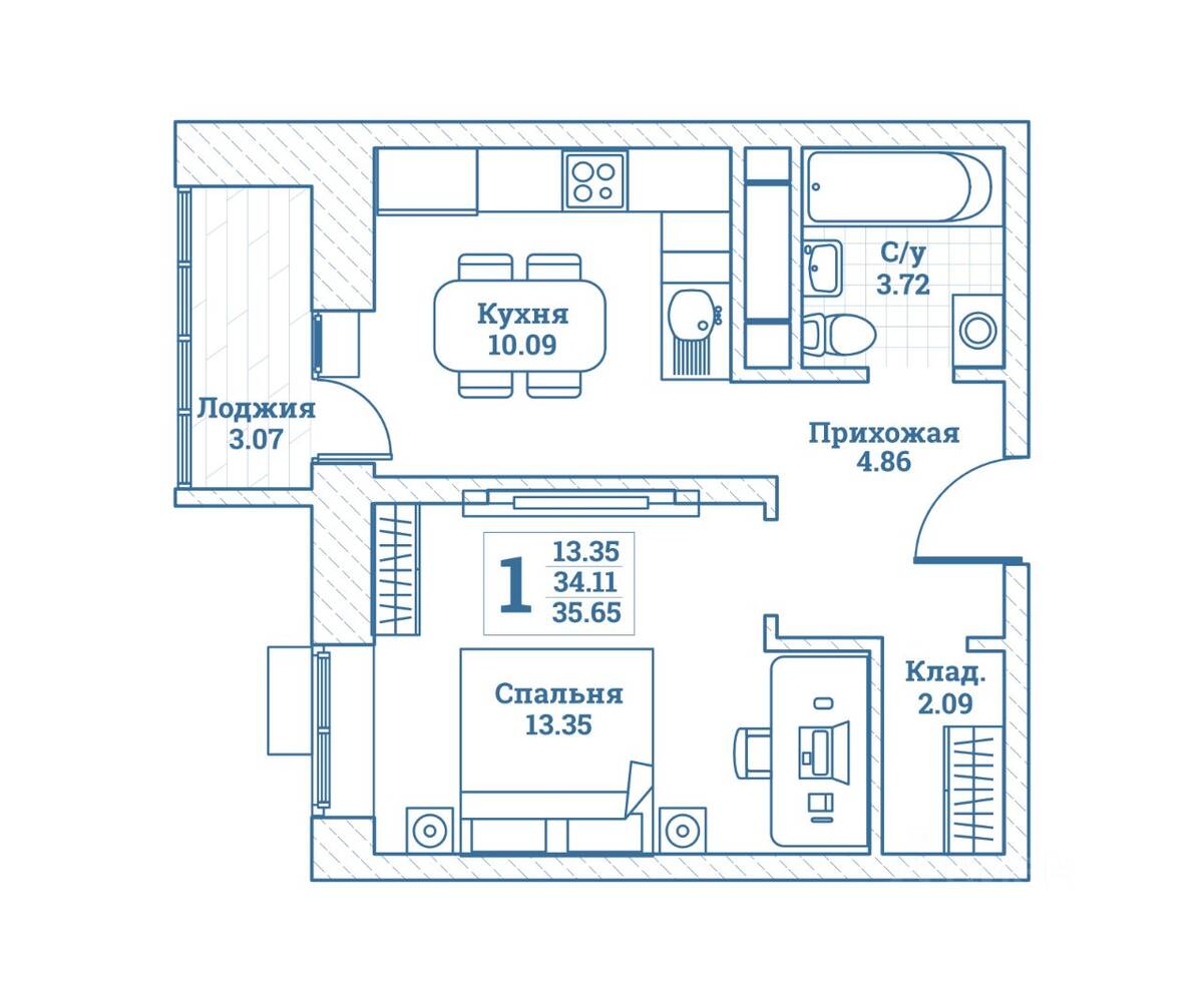 1-комн. квартира, 35,65 м², в ЖК Новоград Монино