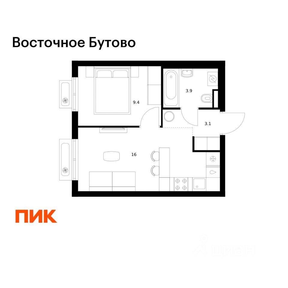1-комн. квартира, 32,4 м², в ЖК «Восточное Бутово»