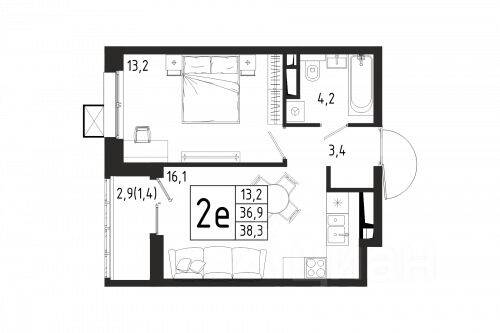 1-комн. квартира, 38,3 м², в ЖК «Берег»