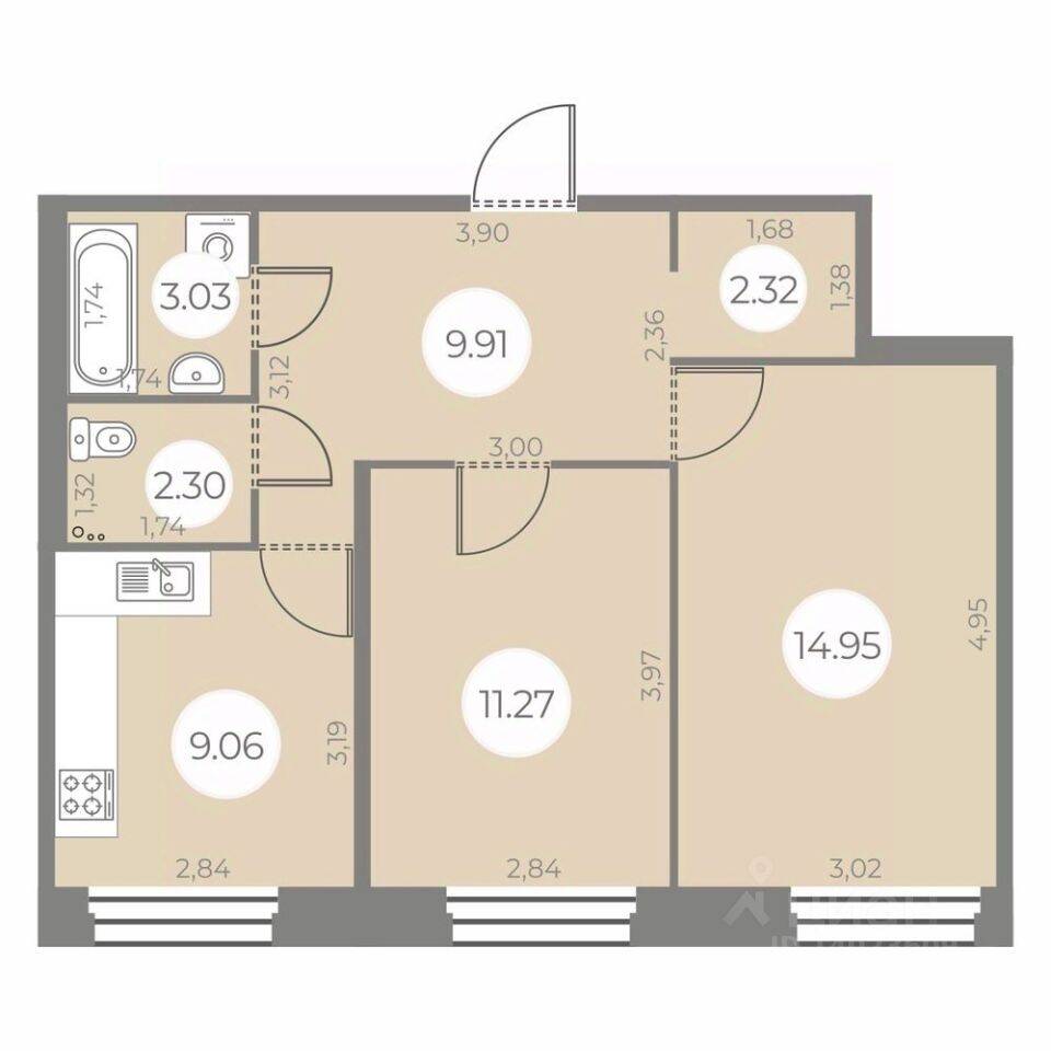 2-комн. квартира, 52,84 м², в ЖК «Огни Залива»