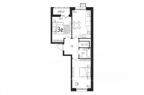 Планировка 2 комнатной квартиры, 55.6 м², в «Берег»