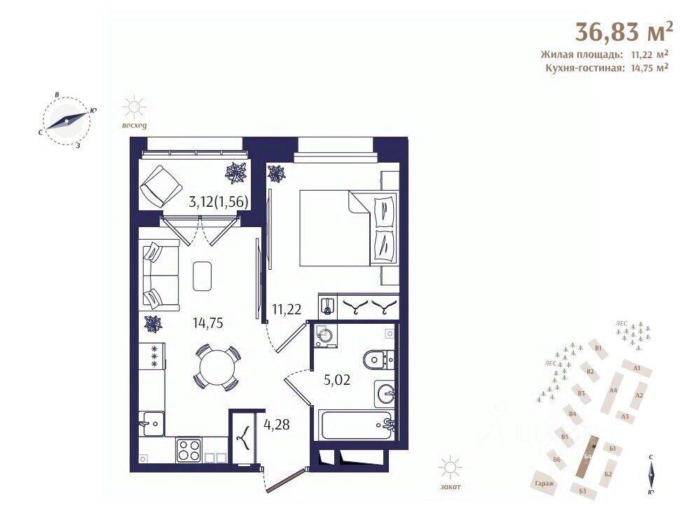 1-комн. квартира, 36,83 м², в ЖК Ranta Residence