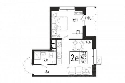 Планировка 1 комнатной квартиры, 38.6 м², в «Берег»