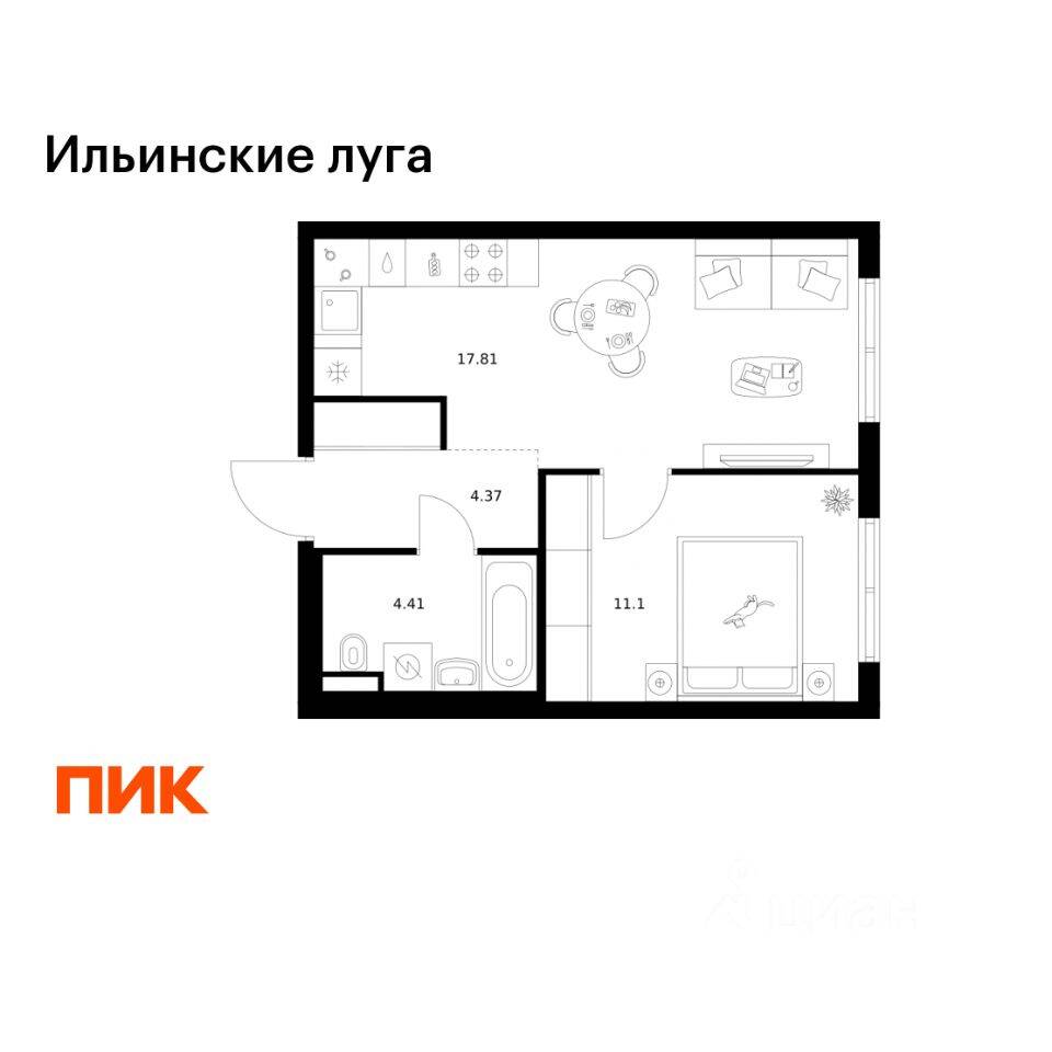 1-комн. квартира, 37,69 м², в ЖК «Ильинские луга»