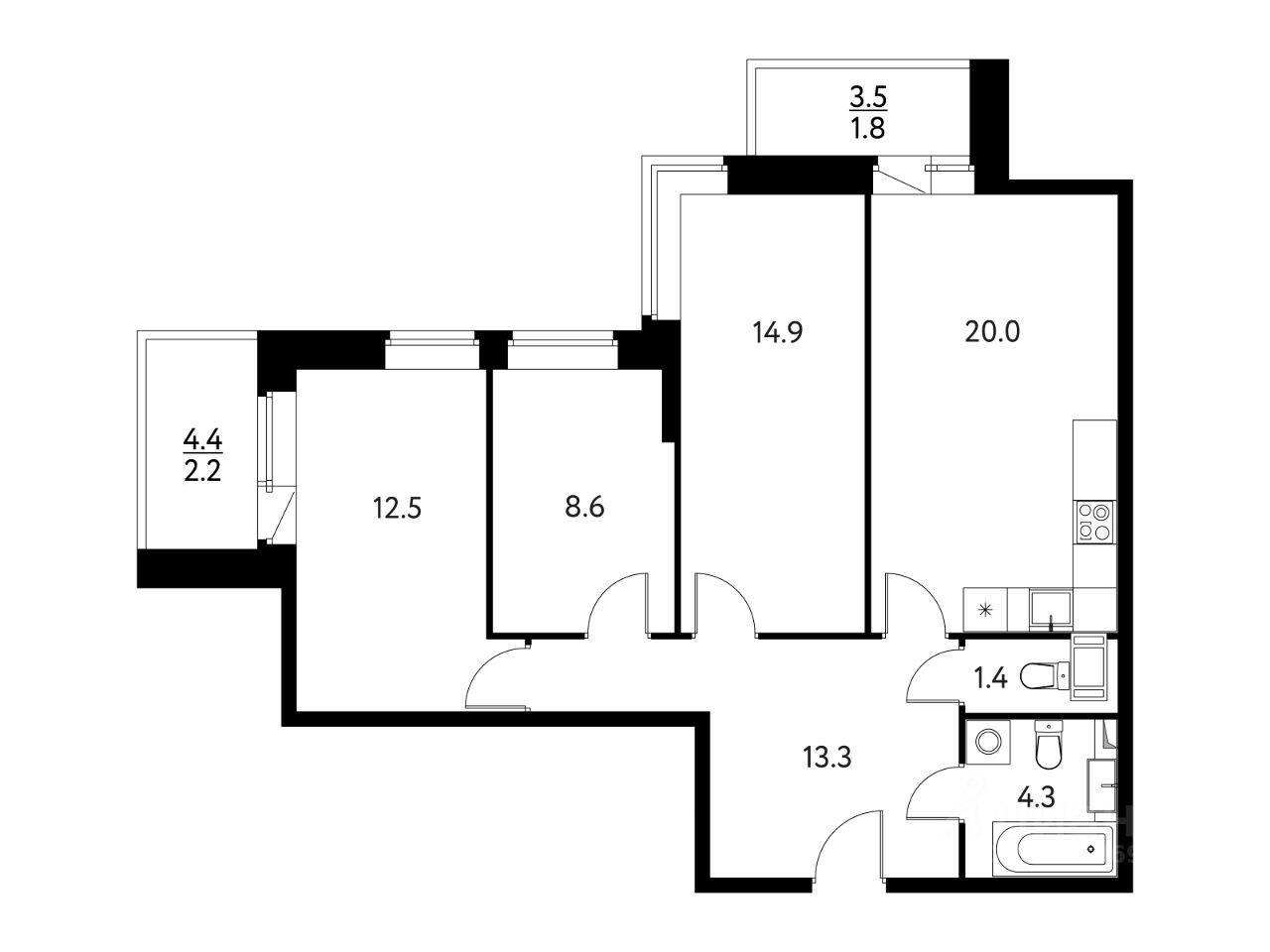 3-комн. квартира, 79,03 м², в ЖК «Солнечный парк»