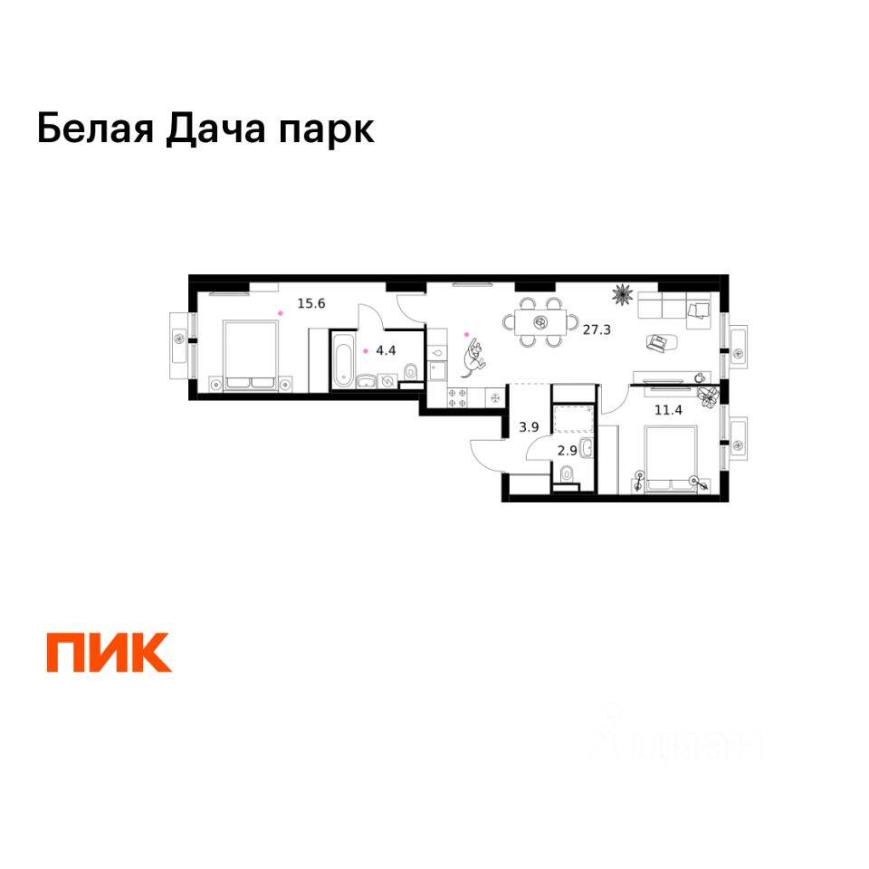 2-комн. квартира, 65,5 м², в ЖК «Белая Дача парк»