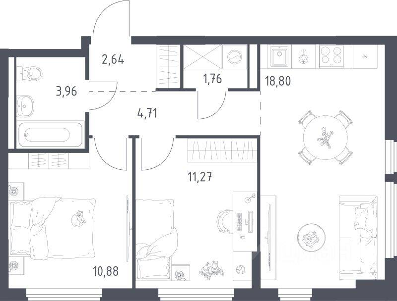 2-комн. квартира, 54,02 м², в ЖК Егорово Парк