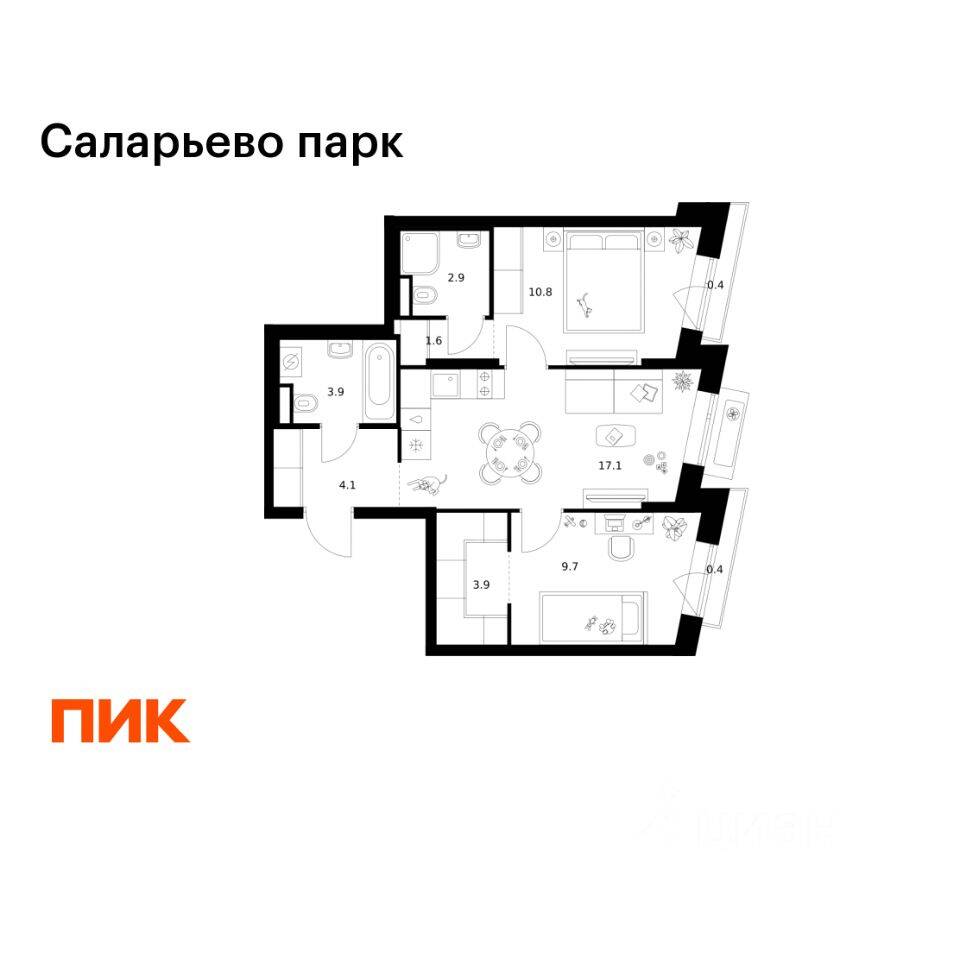 2-комн. квартира, 54,8 м², в ЖК «Саларьево парк»