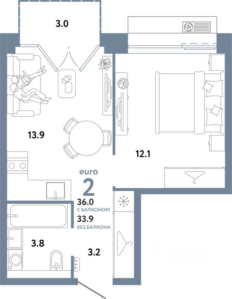 2-комн. квартира, 36 м², в ЖК Страна.Заречная