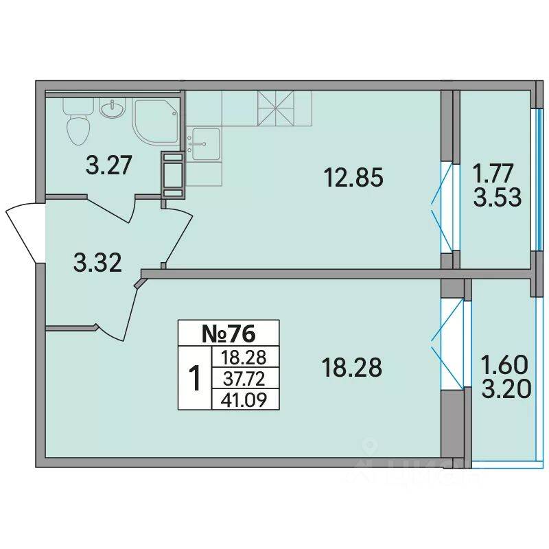 1-комн. квартира, 41,09 м², в ЖК Рождественский квартал