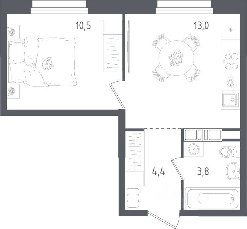 Планировка 1 комнатной квартиры, 31.7 м², в «Ольховый Квартал»