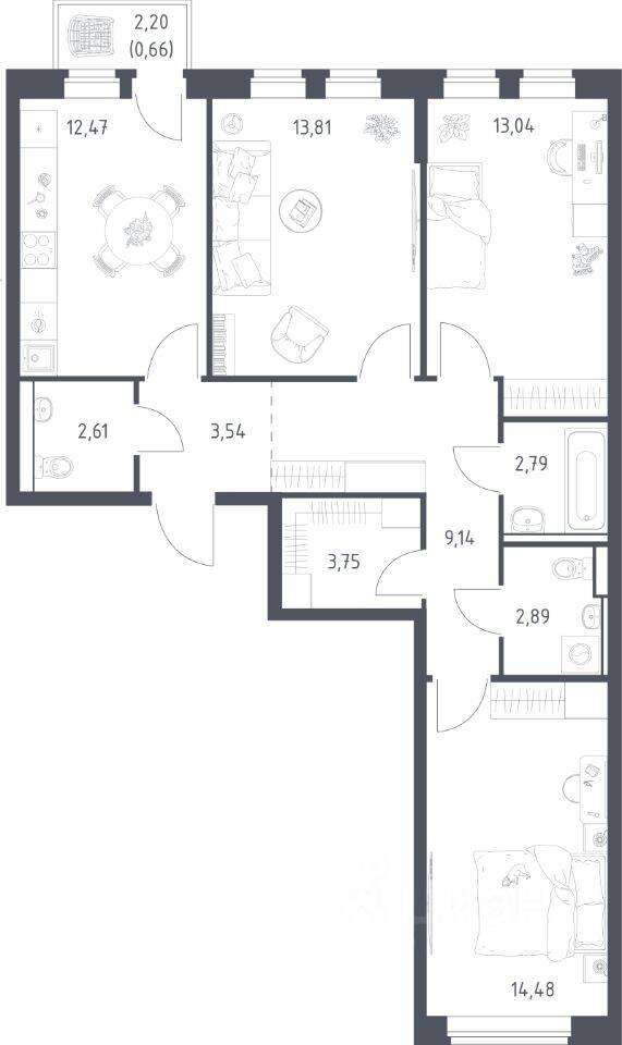 3-комн. квартира, 78 м², в ЖК «Пригород Лесное»