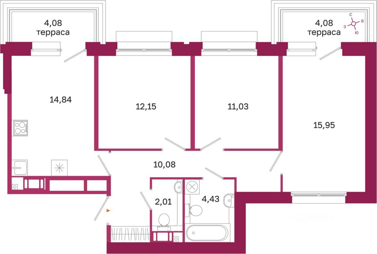 3-комн. квартира, 72,94 м², в ЖК «Дом на Курской»