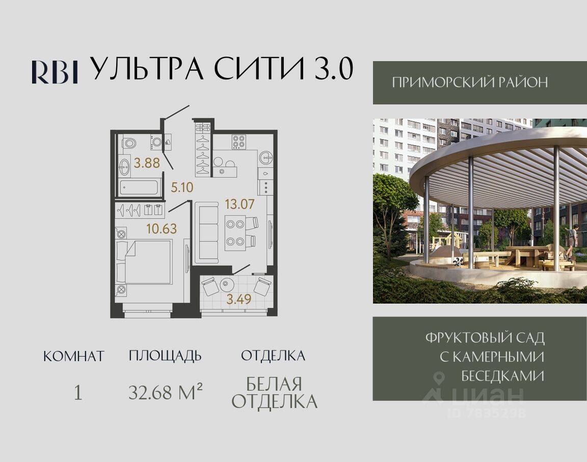 Планировка 1 комнатной квартиры, 32.68 м², в «Ультра Сити 3.0»