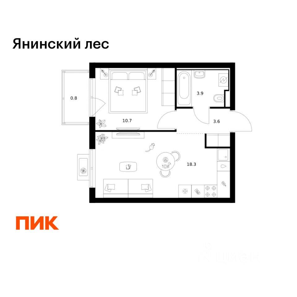 1-комн. квартира, 37,3 м², в ЖК Янинский лес