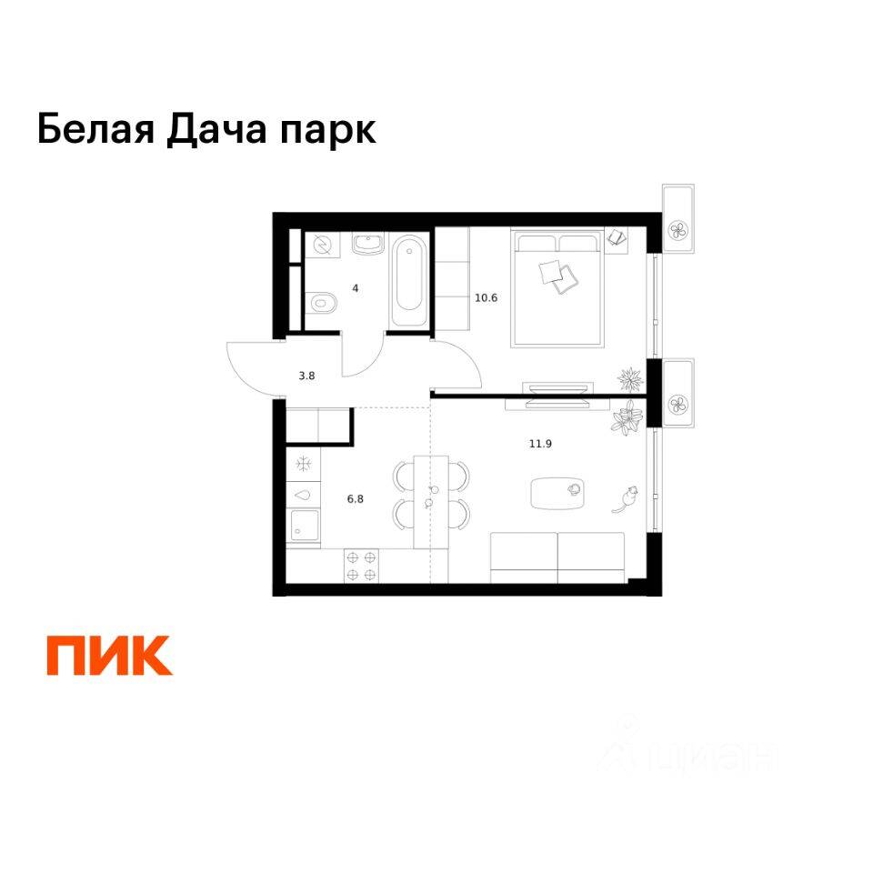 1-комн. квартира, 37,1 м², в ЖК «Белая Дача парк»