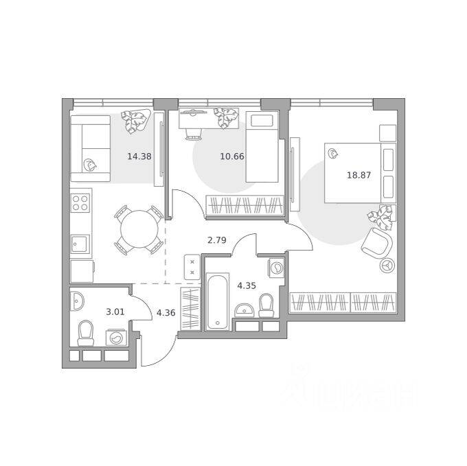 2-комн. квартира, 58,42 м², в ЖК «Нижегородская от Гранель»