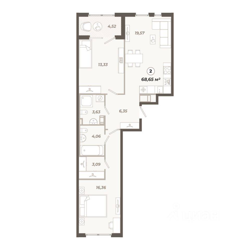 2-комн. квартира, 68,65 м², в ЖК «Знатный»