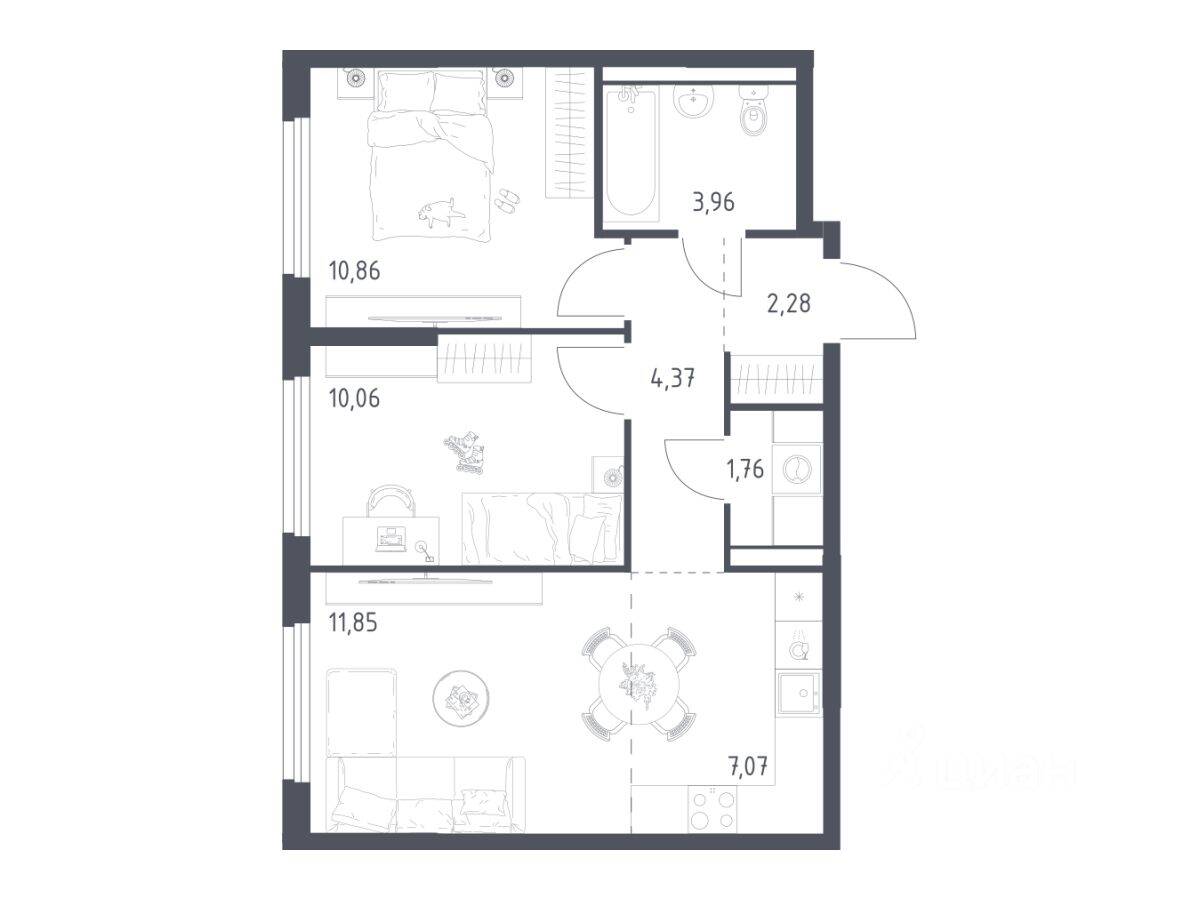 2-комн. квартира, 52,21 м², в ЖК «Пригород Лесное»