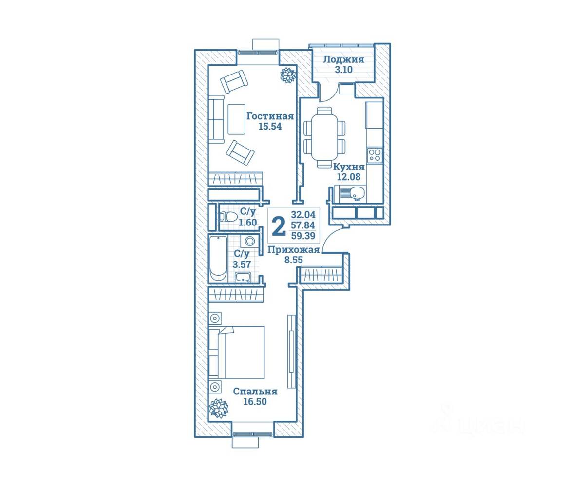2-комн. квартира, 59,39 м², в ЖК Новоград Монино