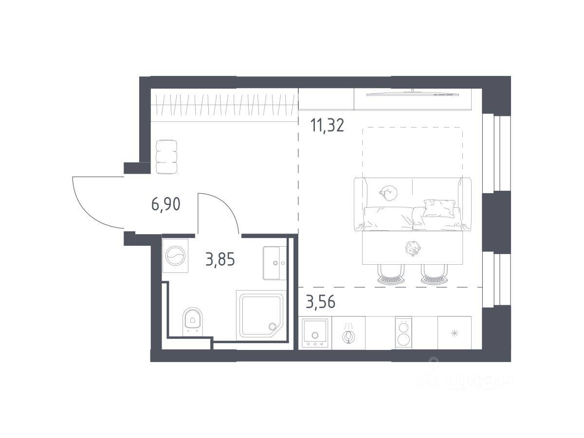 Планировка 1 комнатной квартиры, 25.63 м², в «Квартал Строгино»