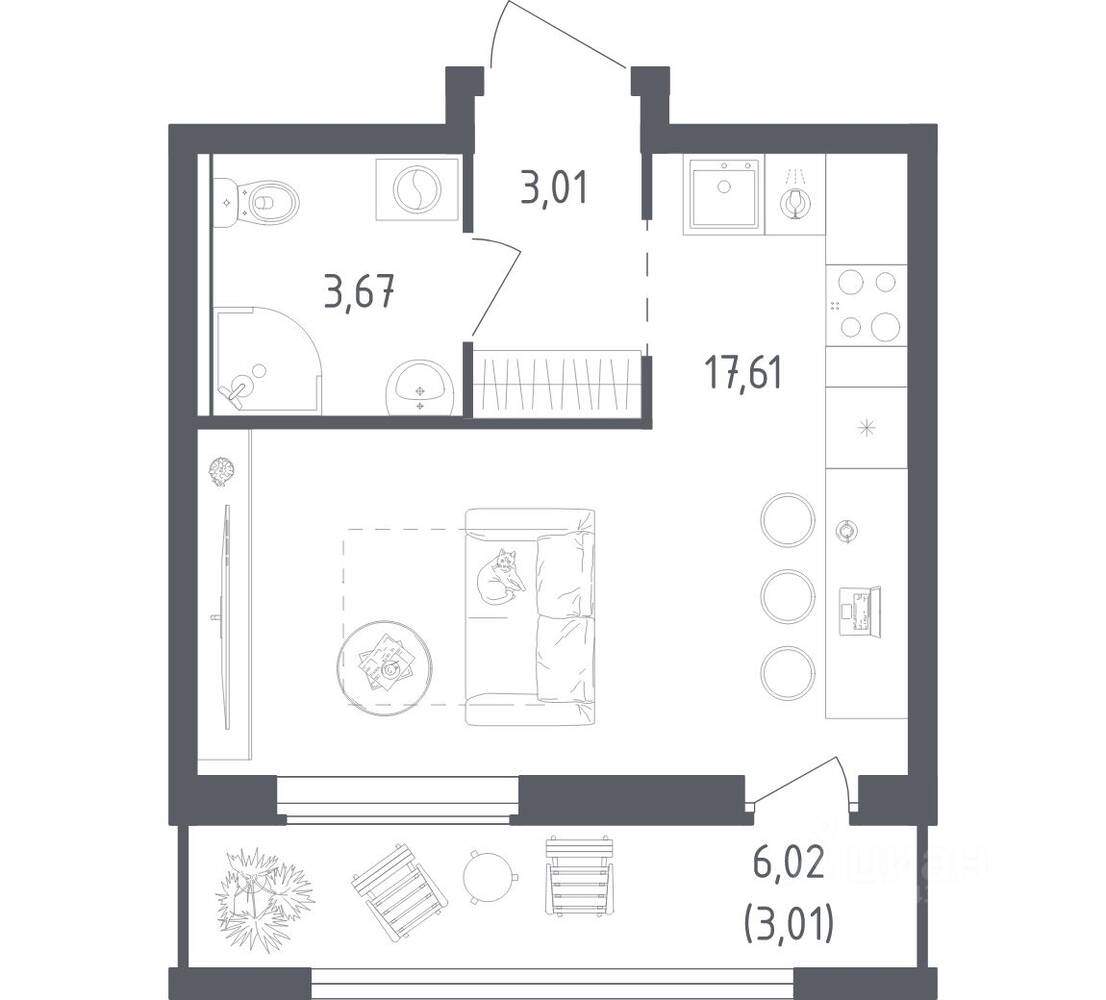 Квартира-студия, 27,3 м², в ЖК Южная Нева