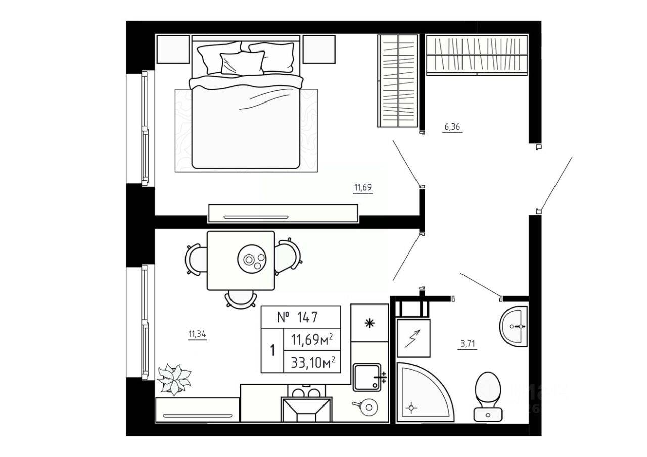 1-комн. квартира, 33,1 м², в Малоэтажный ЖК Аннино Сити