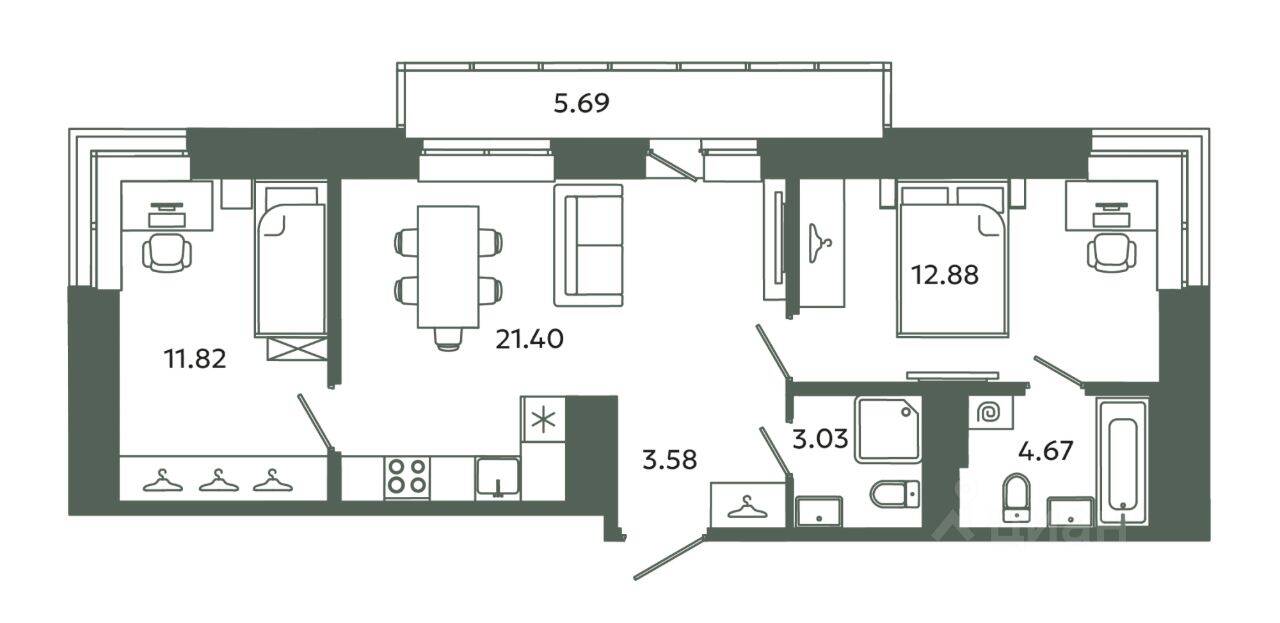 2-комн. квартира, 57,38 м², в ЖК Загляденье